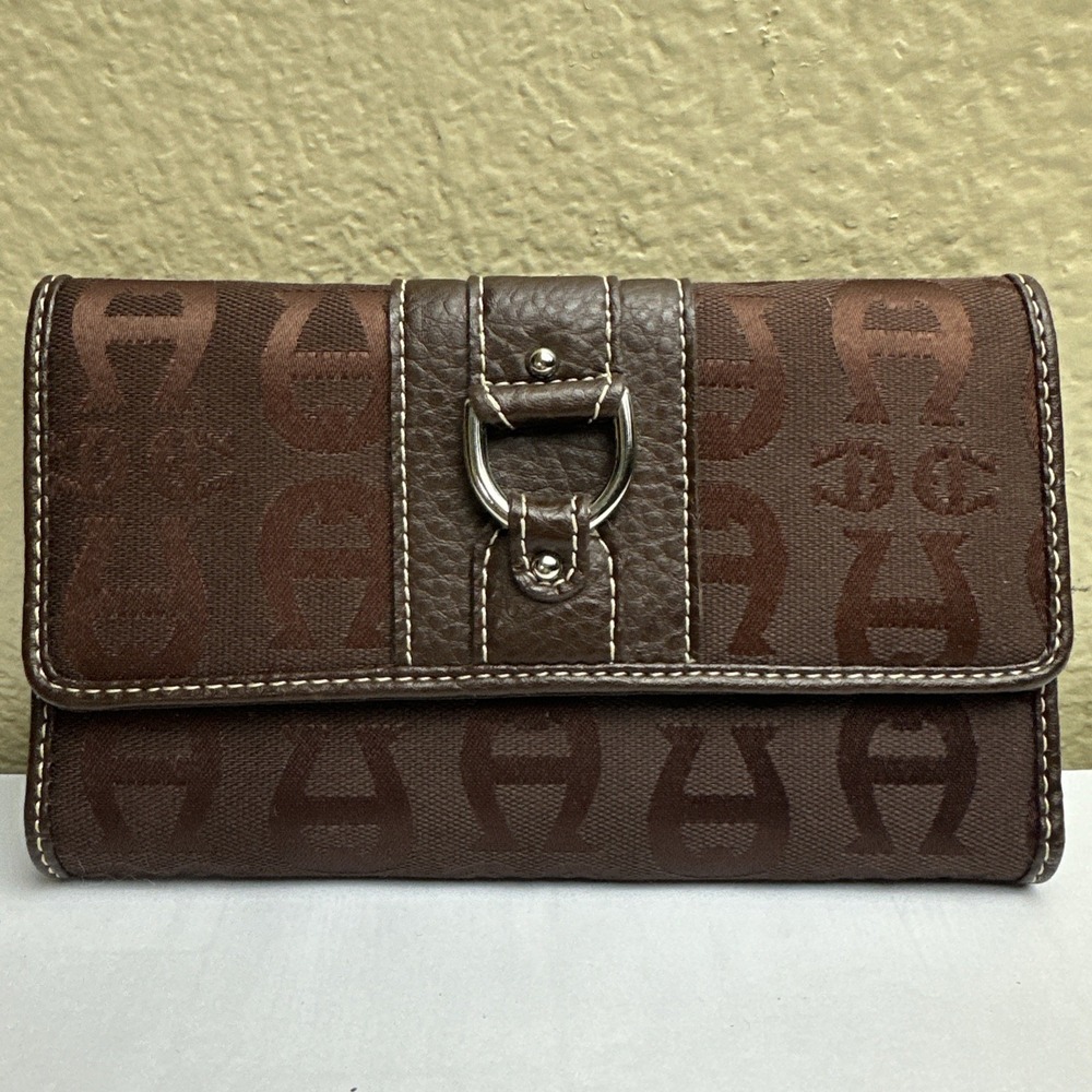 Etienne Aigner Espresso Canvas TriFold Wallet Horse Bit New Logo Personal Assets